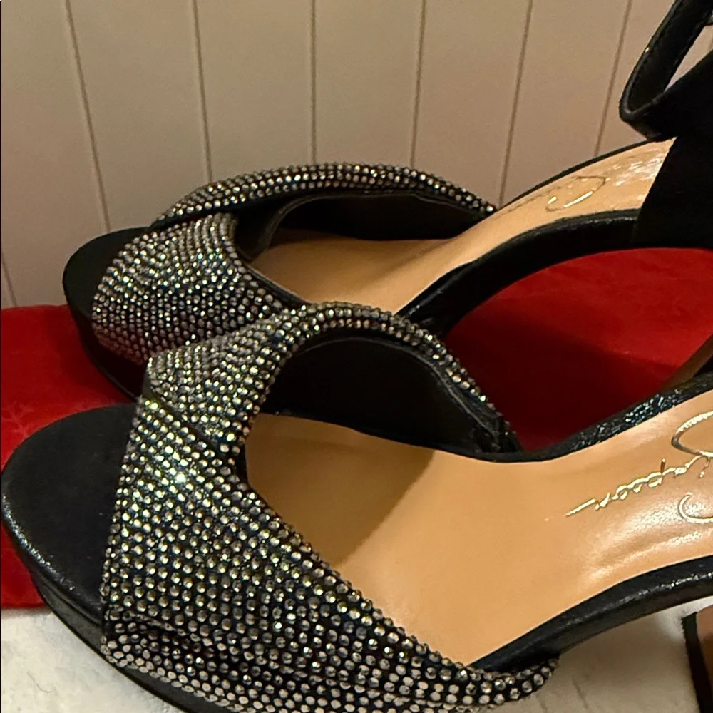 Jessica Simpson Black Crystal Cross-Band Ankle-Strap Heels - Picture 6 of 16